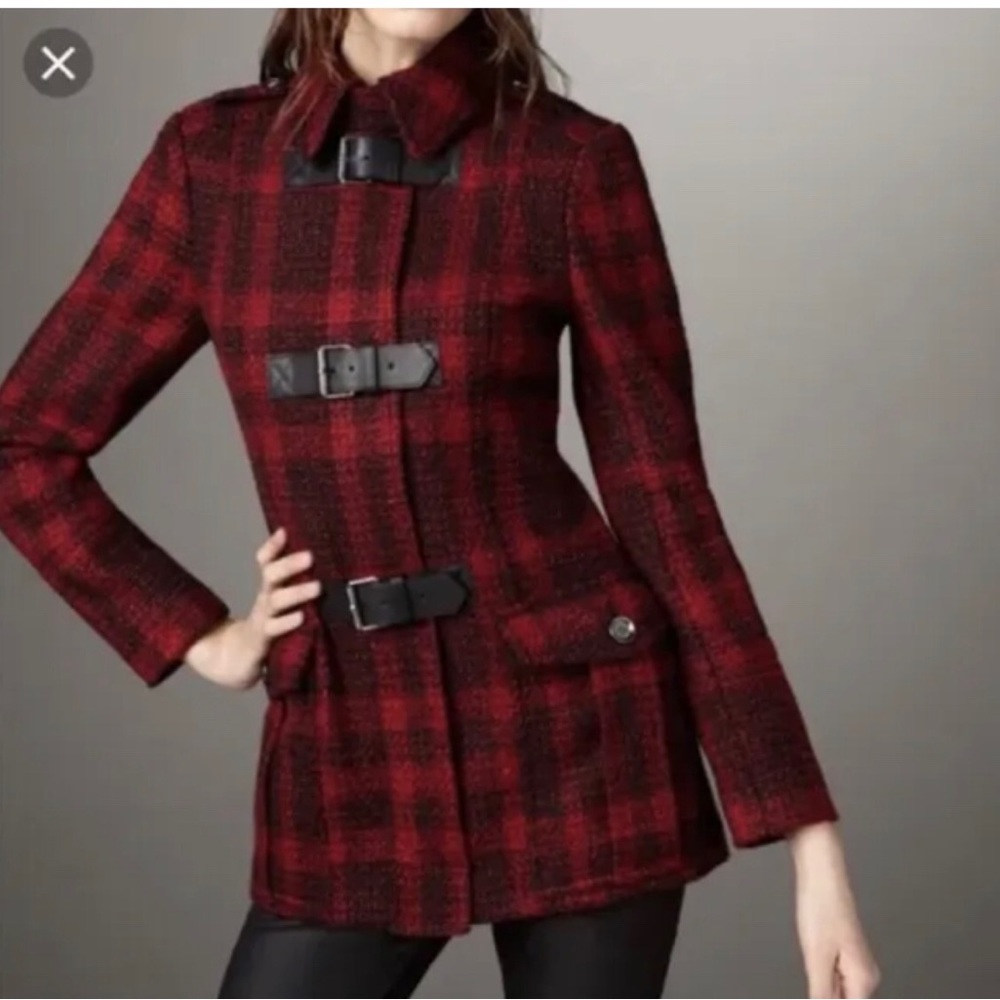 Burberry Brit Red Plaid Wool Tweed Coat US4
